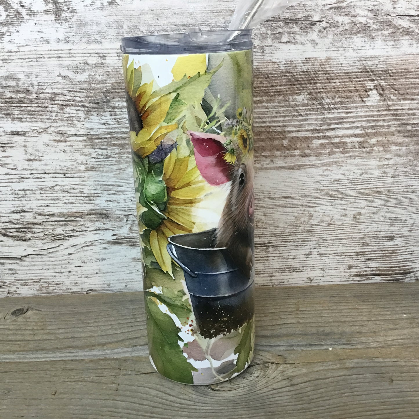 Sunflower Pig in Bucket 20 oz Skinny Tumbler with Straw & Lid