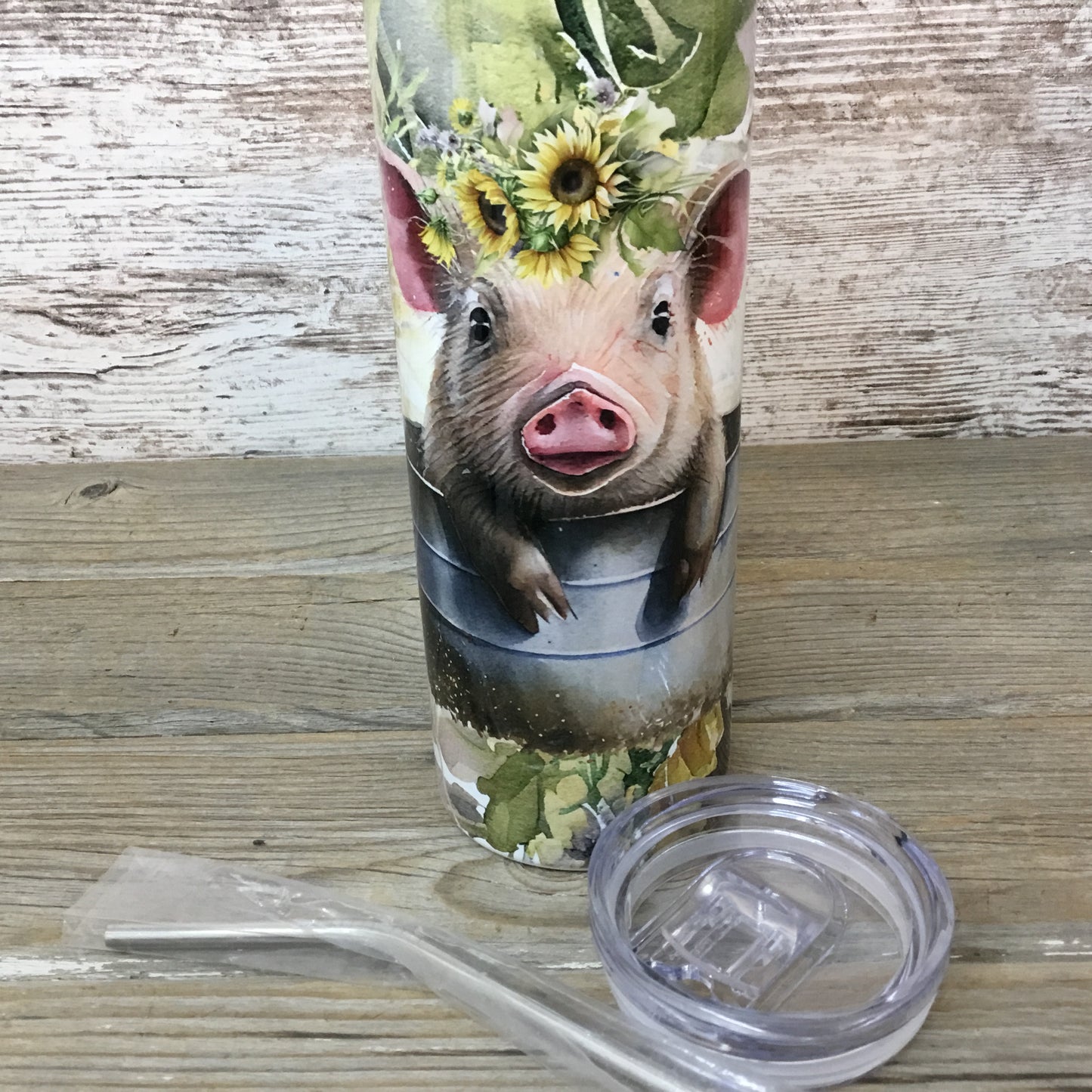 Sunflower Pig in Bucket 20 oz Skinny Tumbler with Straw & Lid