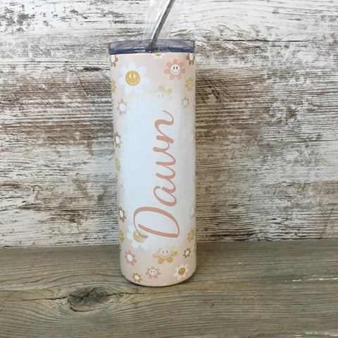 Retro Smiley Flowers Personalized Name 20 oz Skinny Tumbler with Lid and Straw