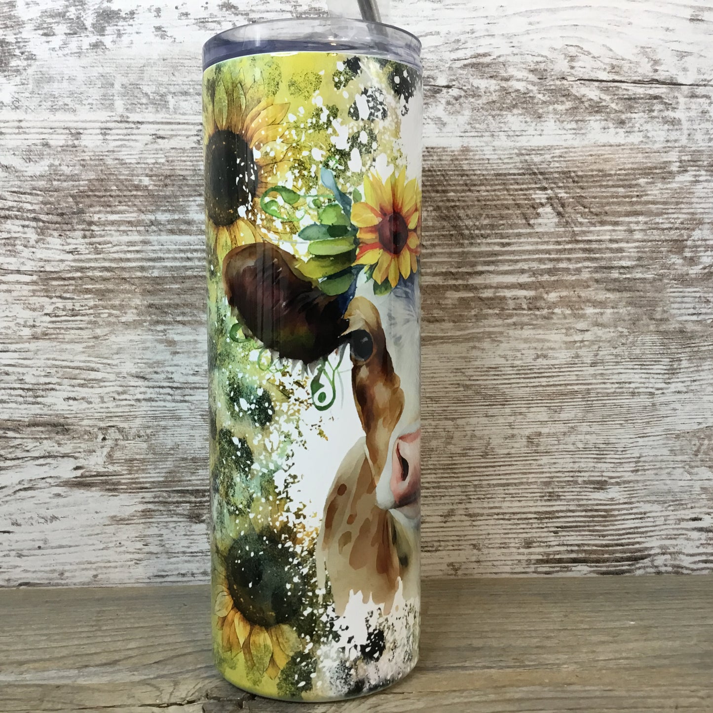 Sunflower Cow 20 oz Skinny Tumbler with Straw & Lid