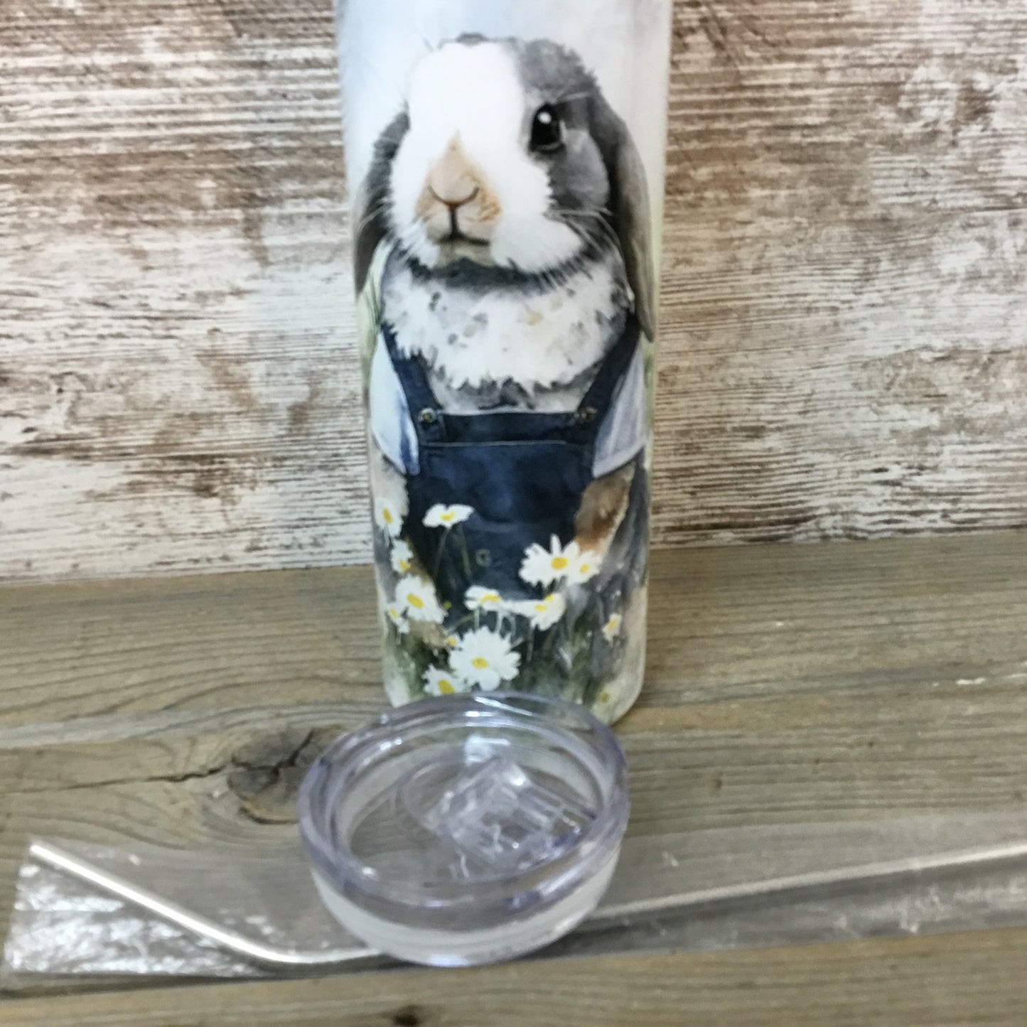 Bunny Rabbit in Bib Overalls 20 oz Skinny Tumbler with Straw & Lid