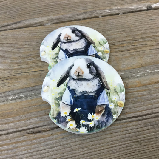 Bunny Rabbit in Bib Overalls Car Coasters, Set of 2