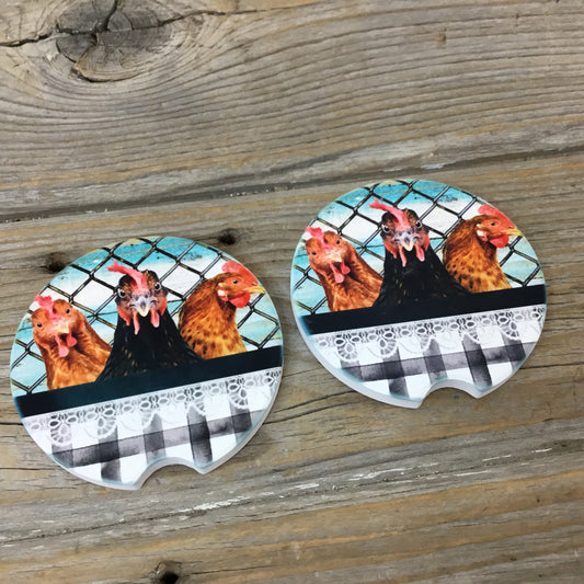 Funny Chickens Car Coasters Set of 2