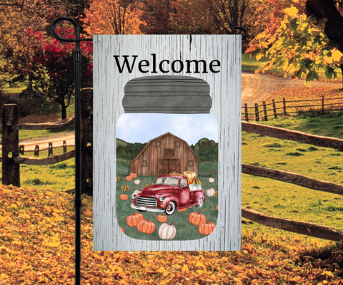 Welcome Mason Jar Scene with Red Truck and Pumpkins Fall Garden Flag