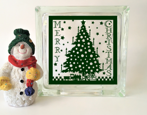 Merry Christmas Tree Glass Block Vinyl Decal