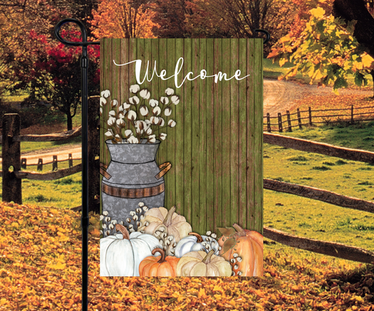 Welcome Milk Can Pumpkins Fall Garden Flag