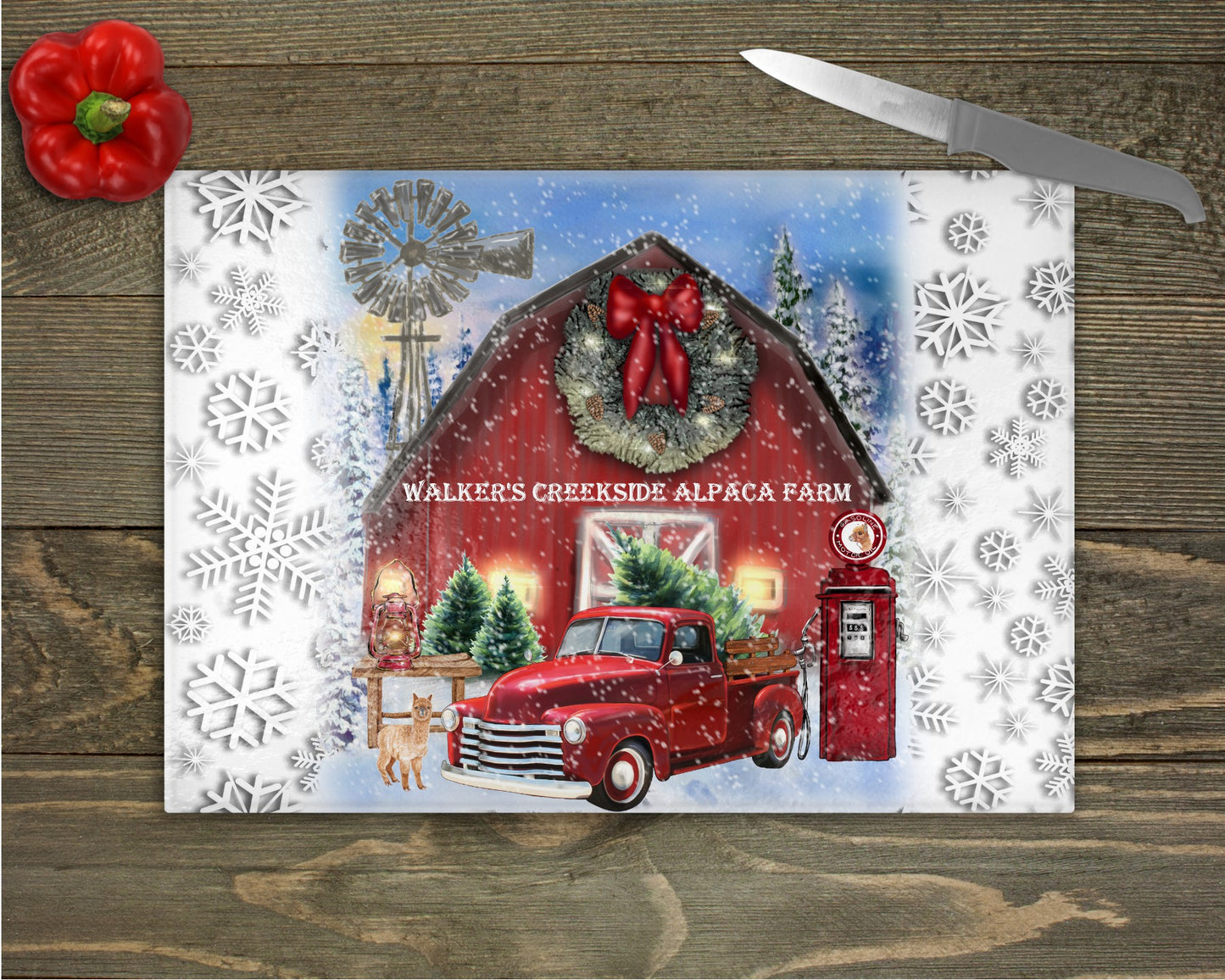 Red Truck Christmas on the Farm Alpaca Glass Cutting Board