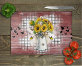 Sunflower Butterfly & Bees Plaid Summer Glass Cutting Board